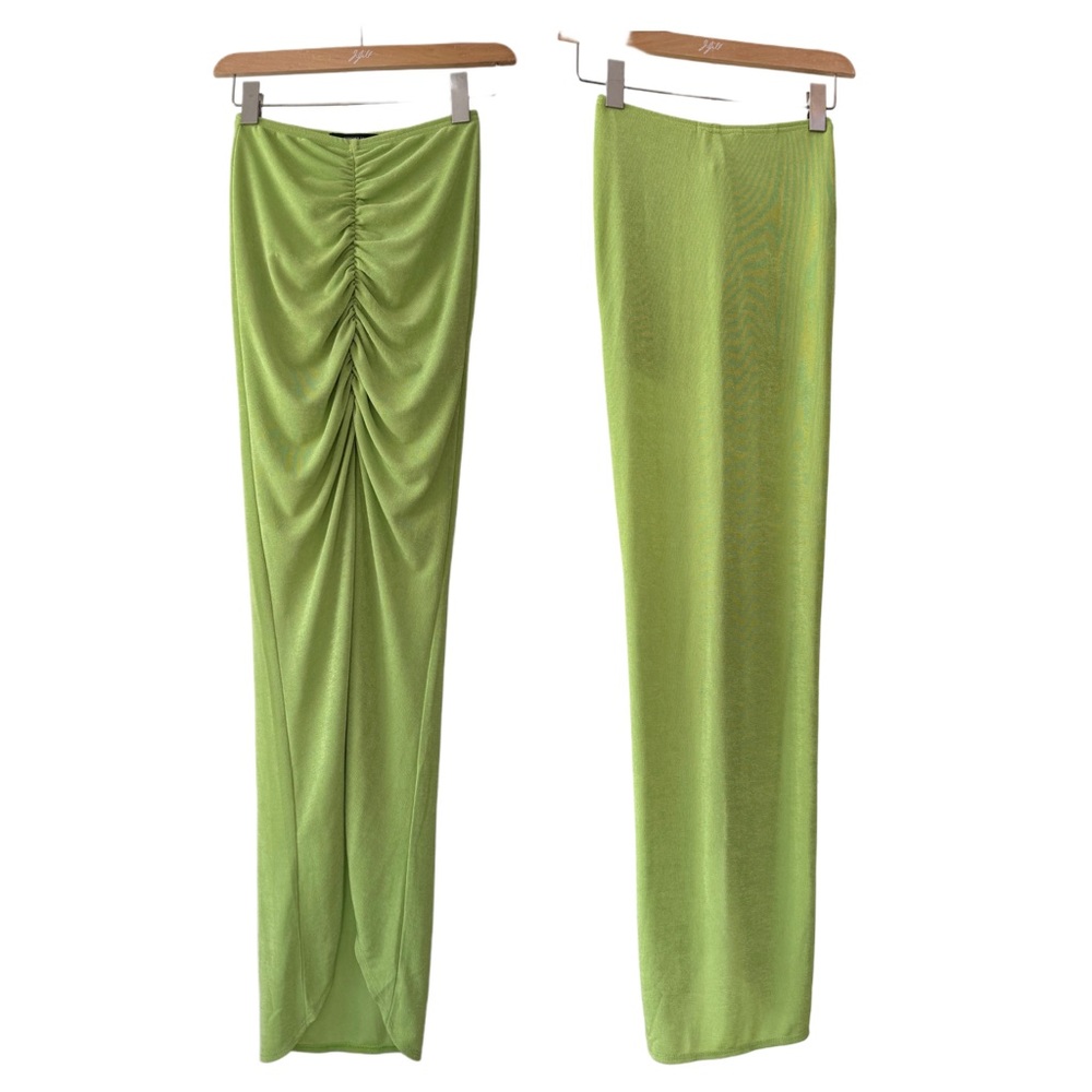 Neon Green Ruched Maxi Skirt with Front Slit size XS